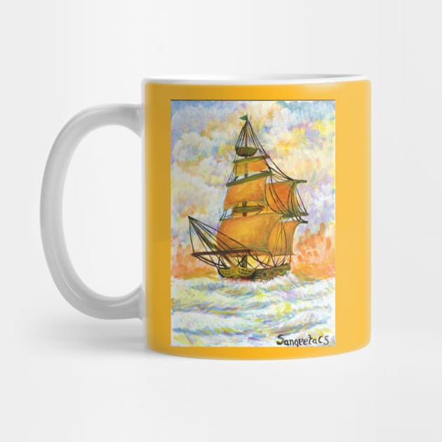 ship sailing in the sense colorful warm colors seascape acrylic painting by Sangeetacs